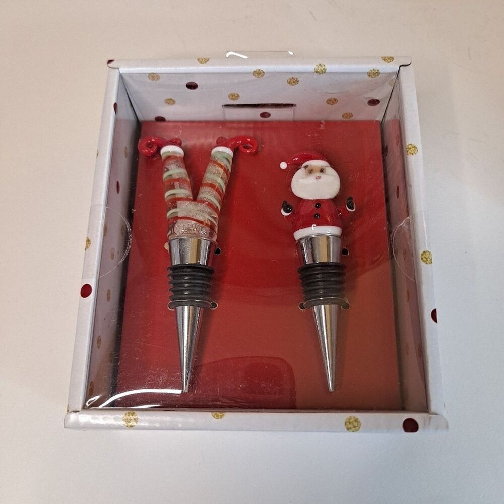 Boston Warehouse Christmas Wine Bottle Stoppers Art Glass Santa & Elf Legs